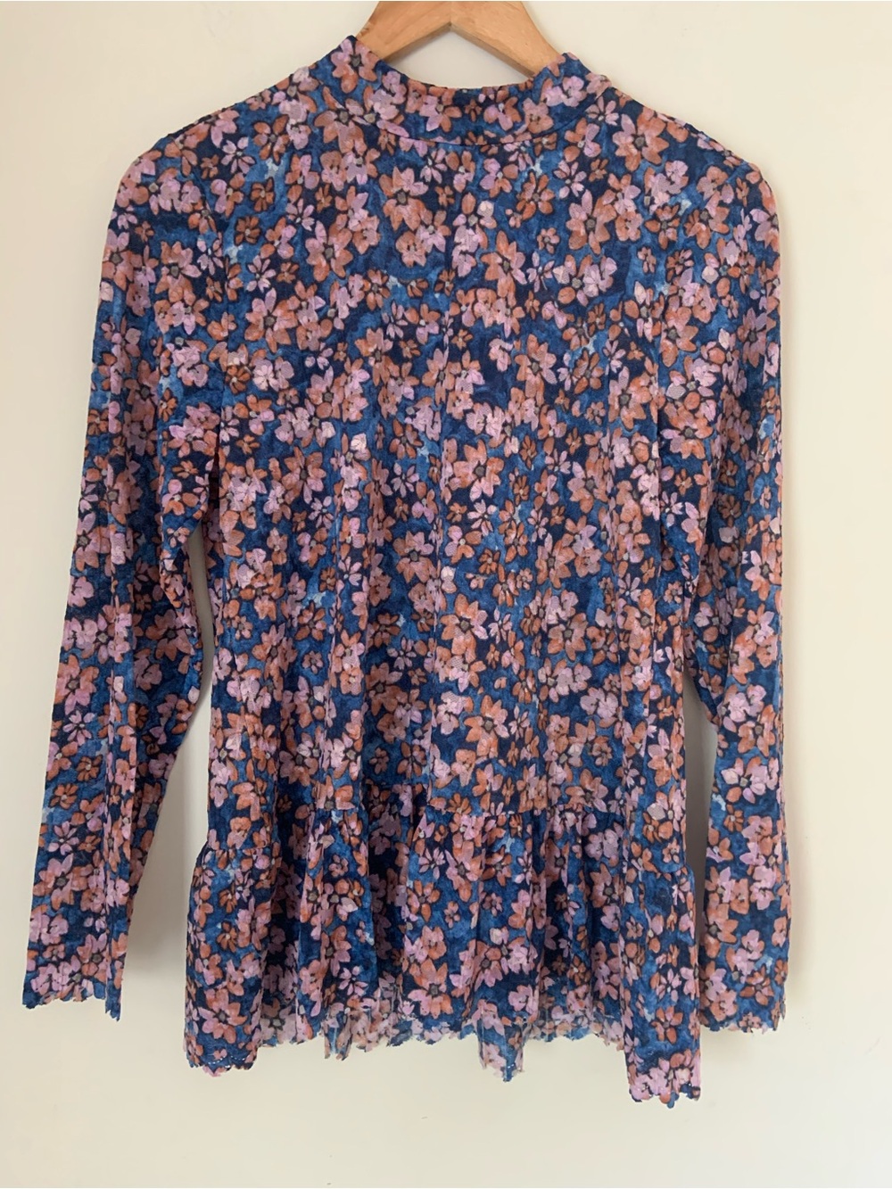 LOGO Floral Long-Sleeve Knit Semi Sheer Peplum High Neck Top Navy Pink